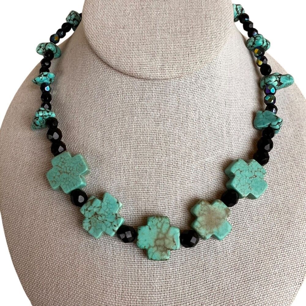 Vtg Turquoise Cross Choker Necklace Black Glass Beaded Statement Jewelry Women‎